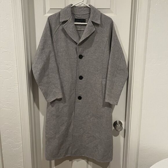 Zara Woman Size XS Wool Blend Long Coat Light Gray Pockets Collared Button Front - Picture 2 of 10